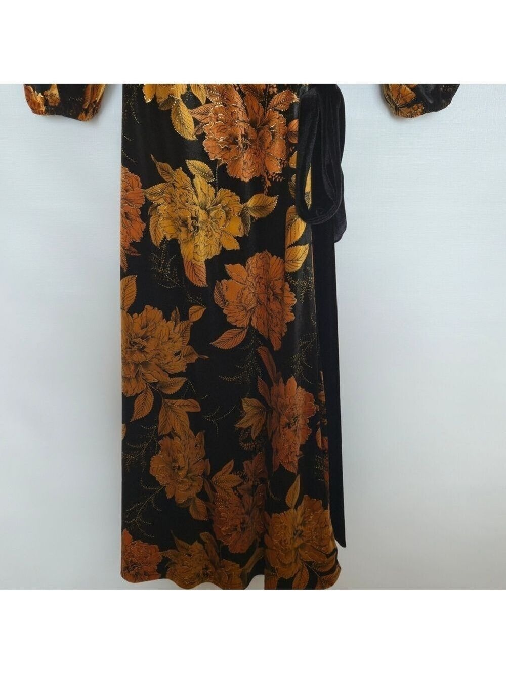LENA Dress Full-Wrap Women NWT Black Gold Long Sleeve Floral Fall Festive Small - Picture 4 of 14